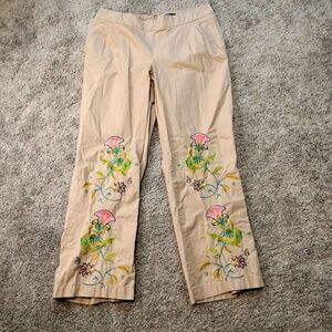 Venus Floral Embroidered Tan Wide Leg Casual Pants Sz 14